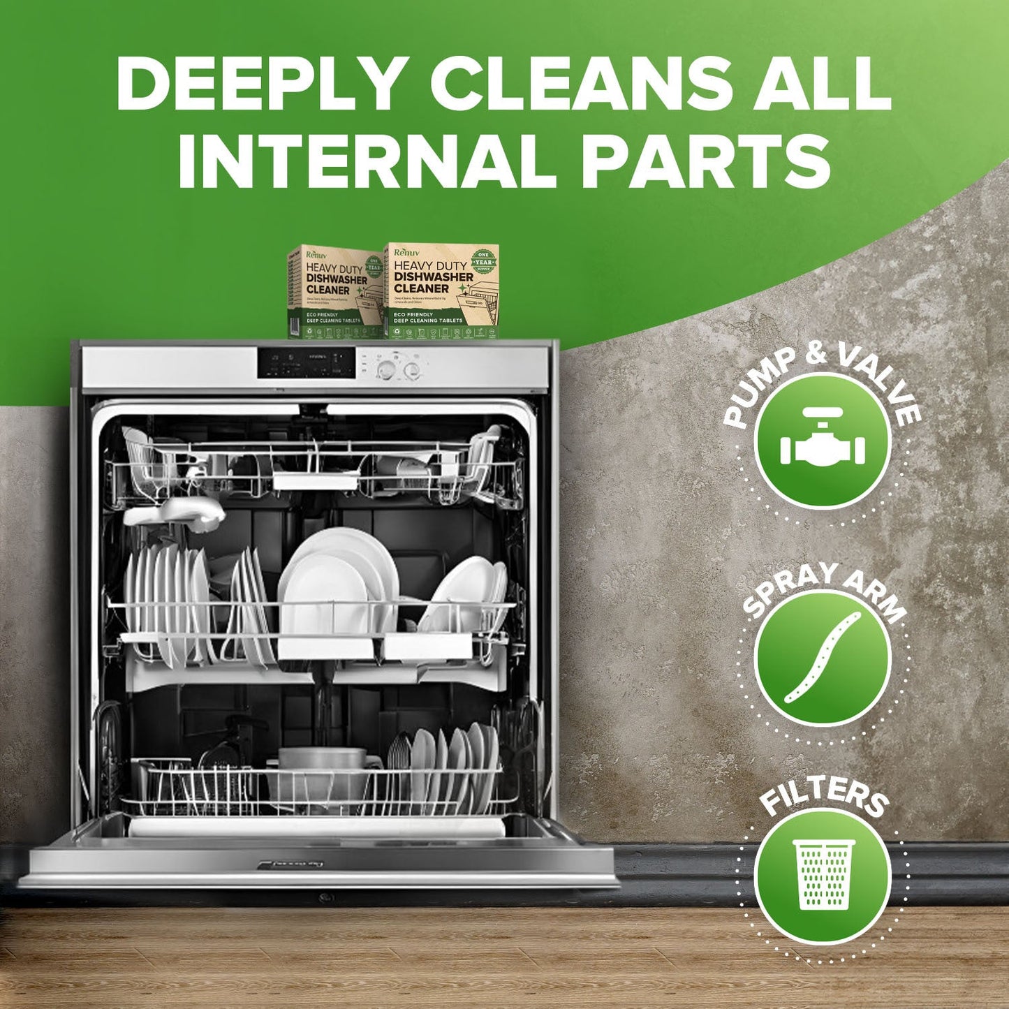 Dishwasher Cleaner and Deodorizer Tablets, Heavy Duty Deep Cleaning Descaler Removes Odor, Calcium, Limescale, Hard Water Marks - 1 Year Supply